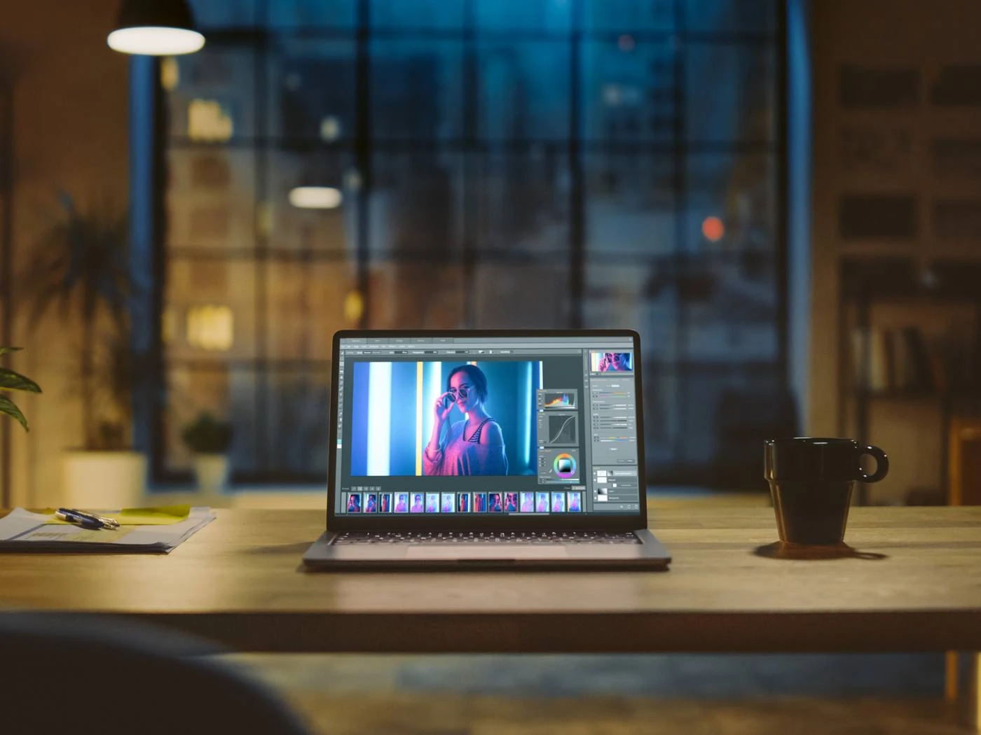 Laptop mit geöffnetem Videoschnittprogramm auf einem Schreibtisch am Abend