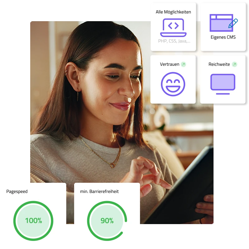 Unternehmerin am Tablet, daneben Kennwerte einer Premium-Website: eigenes CMS, Pagespeed 100 %, Barrierefreiheit 90 %