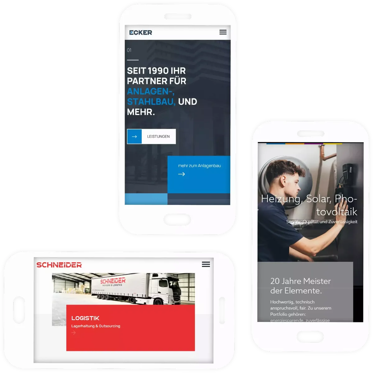 Drei Smartphones zeigen von mps.agency umgesetzte Kundenwebsites